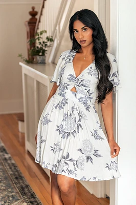 Floral Bell-Sleeve Knotted V-Neck Dress