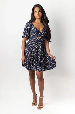 Ditsy-Print Short-Sleeve V-Neck Mini Dress