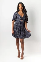 Ditsy-Print Short-Sleeve V-Neck Mini Dress