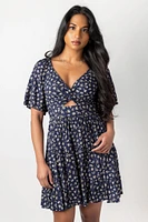 Ditsy-Print Short-Sleeve V-Neck Mini Dress