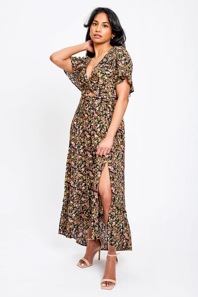 Ditsy Bell-Sleeve High-Low Maxi Dress