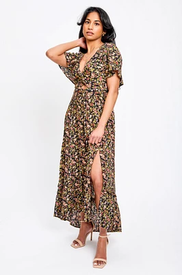 Ditsy Bell-Sleeve High-Low Maxi Dress