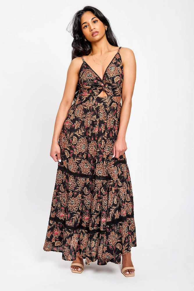 Floral Sleeveless Maxi Dress with Cut-out and Crochet Trim