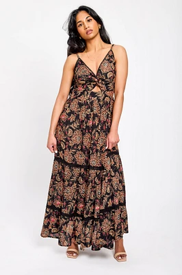 Floral Sleeveless Maxi Dress with Cut-out and Crochet Trim