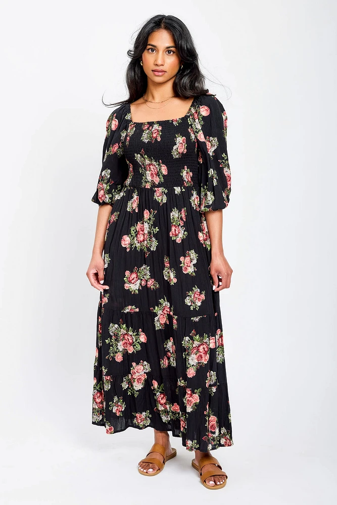 Floral Smocked Balloon-Sleeve Maxi Dress