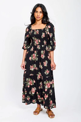 Floral Smocked Balloon-Sleeve Maxi Dress