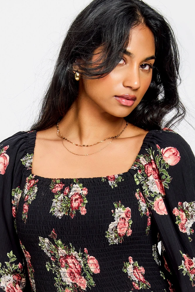 Floral Smocked Balloon-Sleeve Maxi Dress