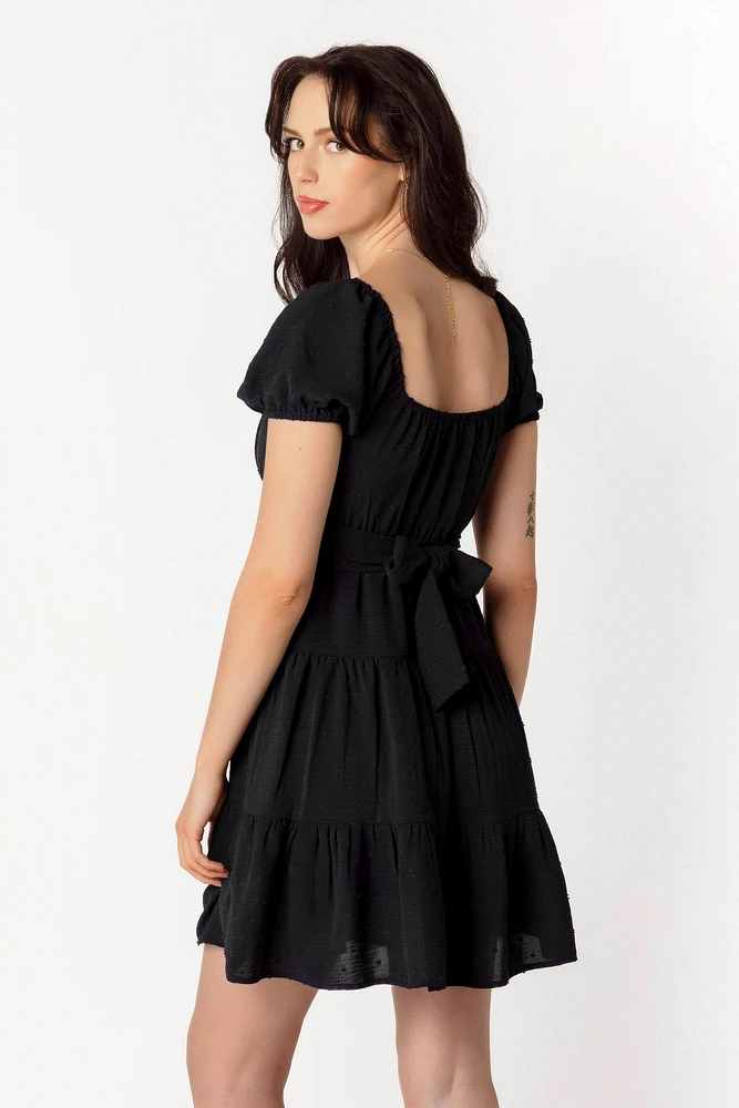 Swiss Dot Short-Sleeve Tiered Dress