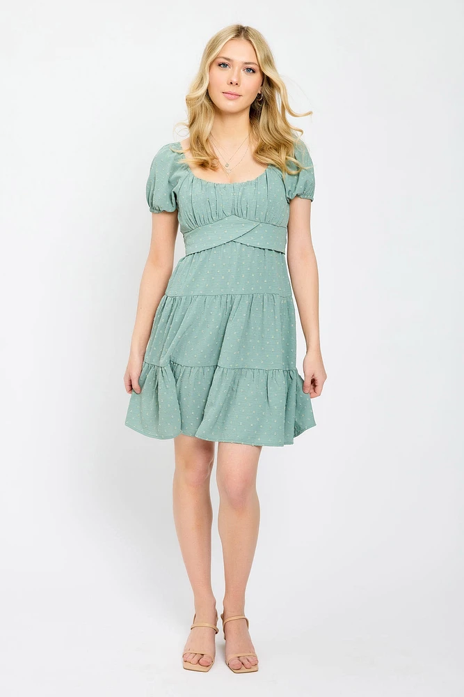Swiss Dot Short-Sleeve Tiered Dress