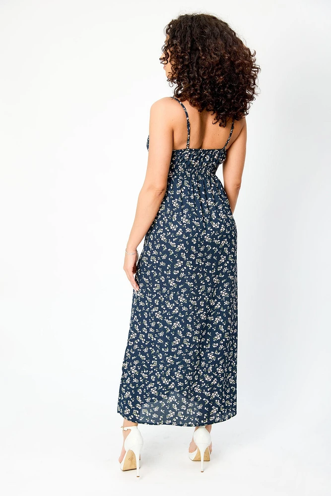 Ditsy Spaghetti Strap Maxi Dress with Side Slit