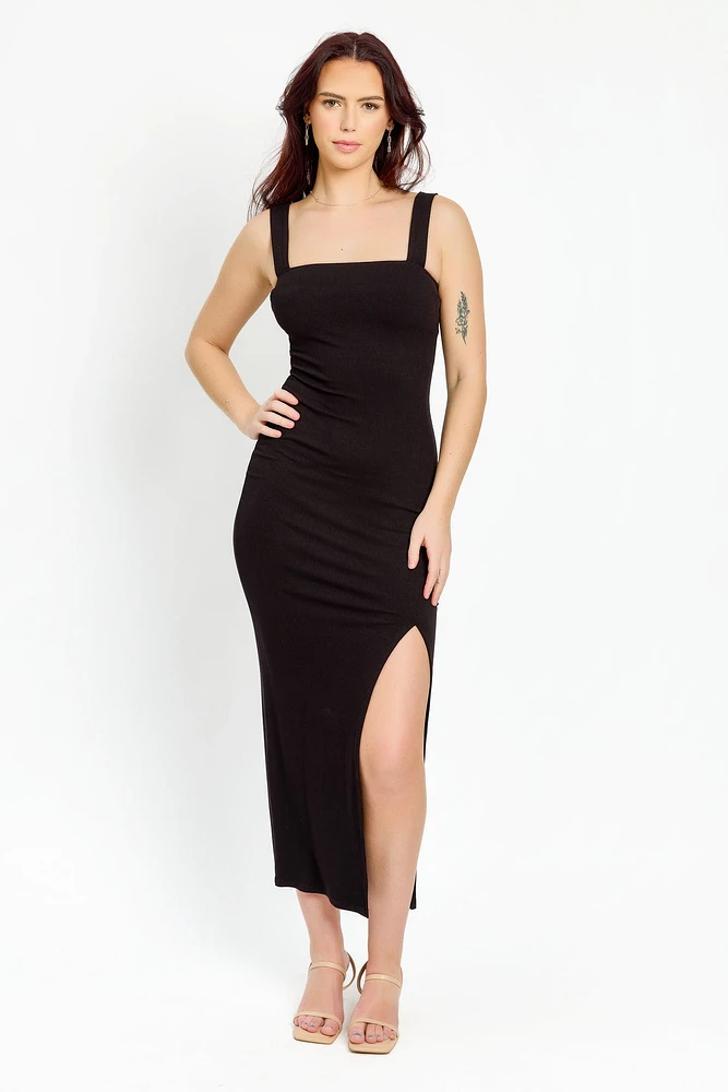 Ribbed Square-Neck Maxi Dress with Side Slit