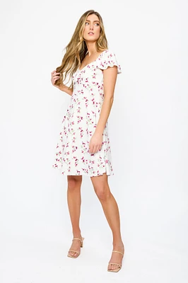 Ditsy Print Flutter-Sleeve V-Neck Skater Dress