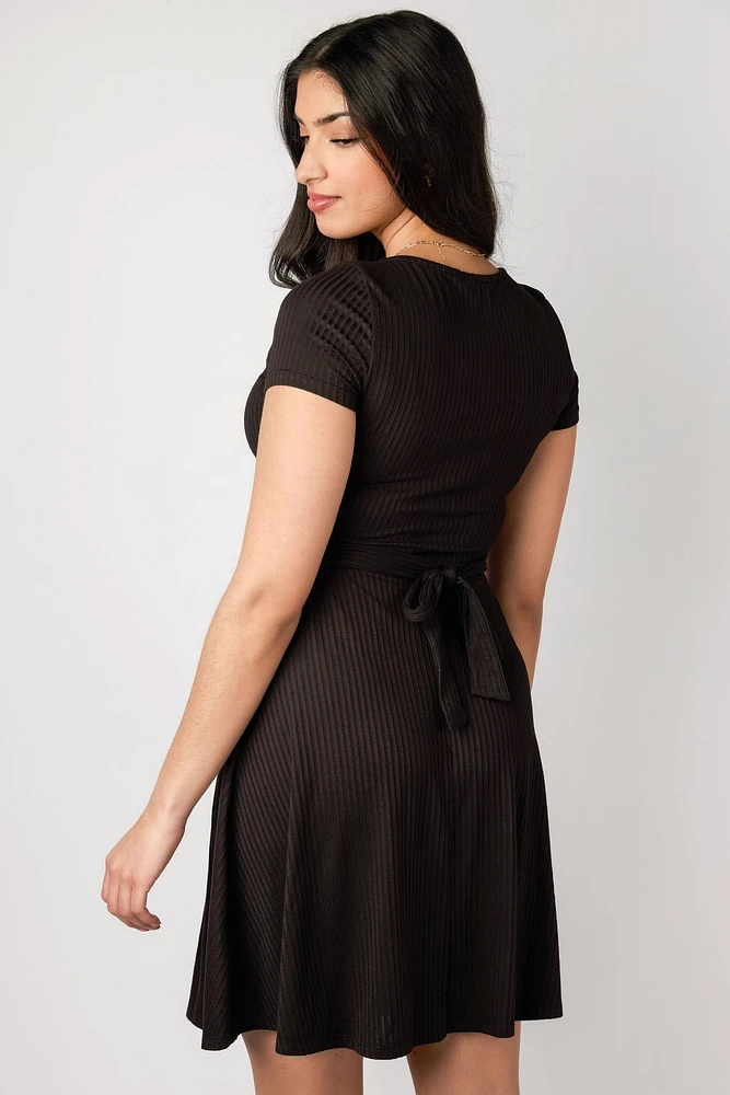 Ribbed Knit Crossover Skater Dress