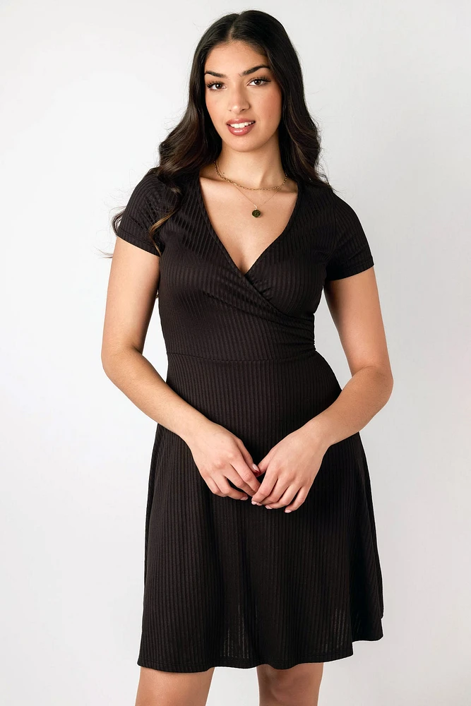Ribbed Knit Crossover Skater Dress