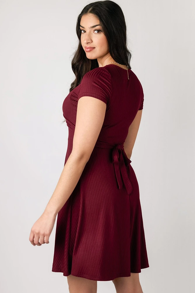 Ribbed Knit Crossover Skater Dress