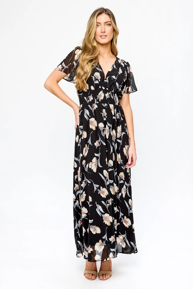 Floral Chiffon Flutter Sleeve Maxi Dress