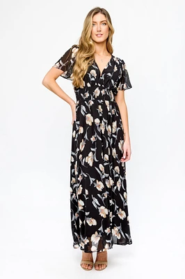 Floral Chiffon Flutter Sleeve Maxi Dress