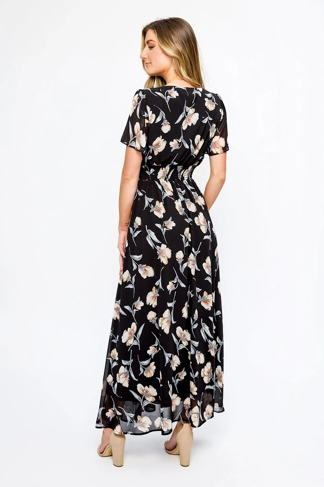 Floral Chiffon Flutter Sleeve Maxi Dress