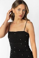 Ruched Pearl and Rhinestone Bodycon Mini Dress