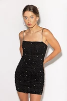 Ruched Pearl and Rhinestone Bodycon Mini Dress