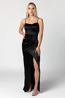 Stretch Satin Spaghetti Strap Maxi Dress with Crossover Skirt