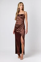 Stretch Satin Spaghetti Strap Maxi Dress with Crossover Skirt