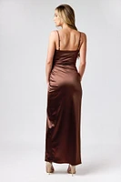 Stretch Satin Spaghetti Strap Maxi Dress with Crossover Skirt