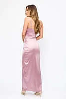 Stretch Satin Spaghetti Strap Maxi Dress with Crossover Skirt