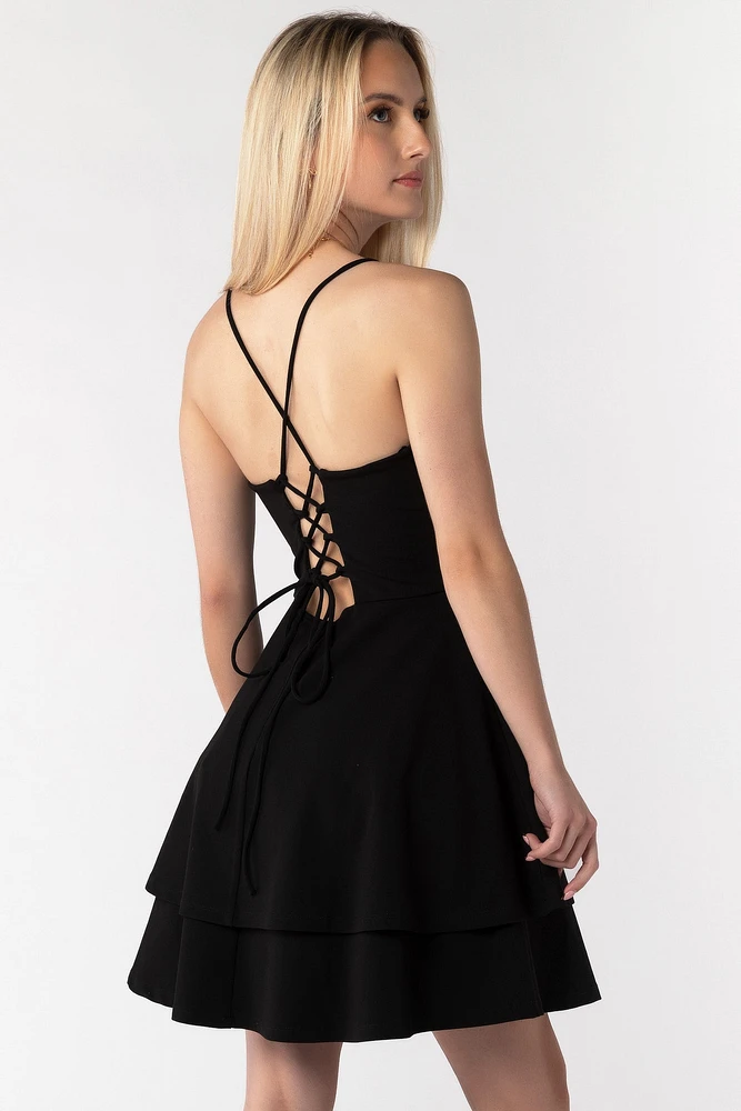 Stretch Crepe Double Hem Lace-Up Skater Dress
