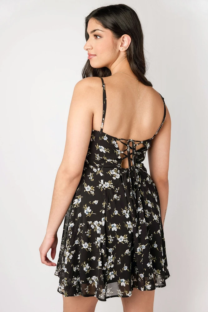 Ditsy Print Chiffon Lace-Up Mini Dress