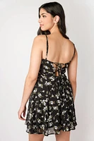 Ditsy Print Chiffon Lace-Up Mini Dress