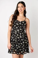 Ditsy Print Chiffon Lace-Up Mini Dress