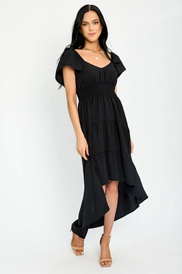 Flutter Sleeve High-Low Tiered Maxi Dress