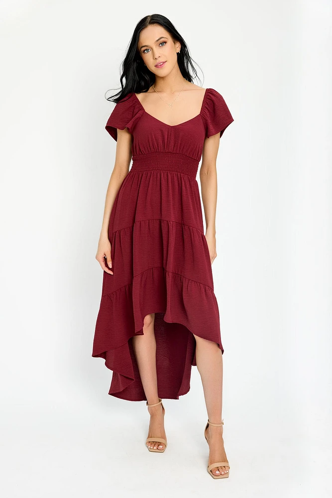 Flutter Sleeve High-Low Tiered Maxi Dress