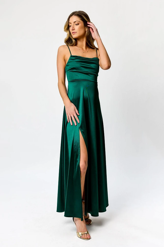 Satin Spaghetti Strap Pleated Bust Maxi Dress with Side Slit