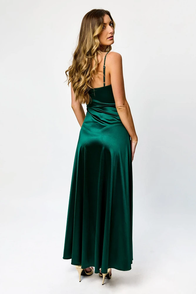 Satin Spaghetti Strap Pleated Bust Maxi Dress with Side Slit