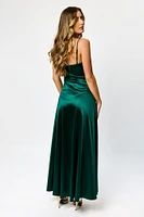 Satin Spaghetti Strap Pleated Bust Maxi Dress with Side Slit