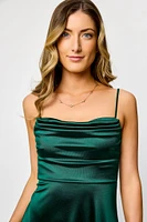 Satin Spaghetti Strap Pleated Bust Maxi Dress with Side Slit