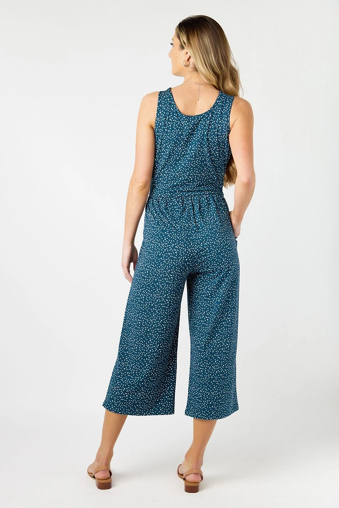 Abstract Knit Crepe Sleeveless Culotte Jumpsuit