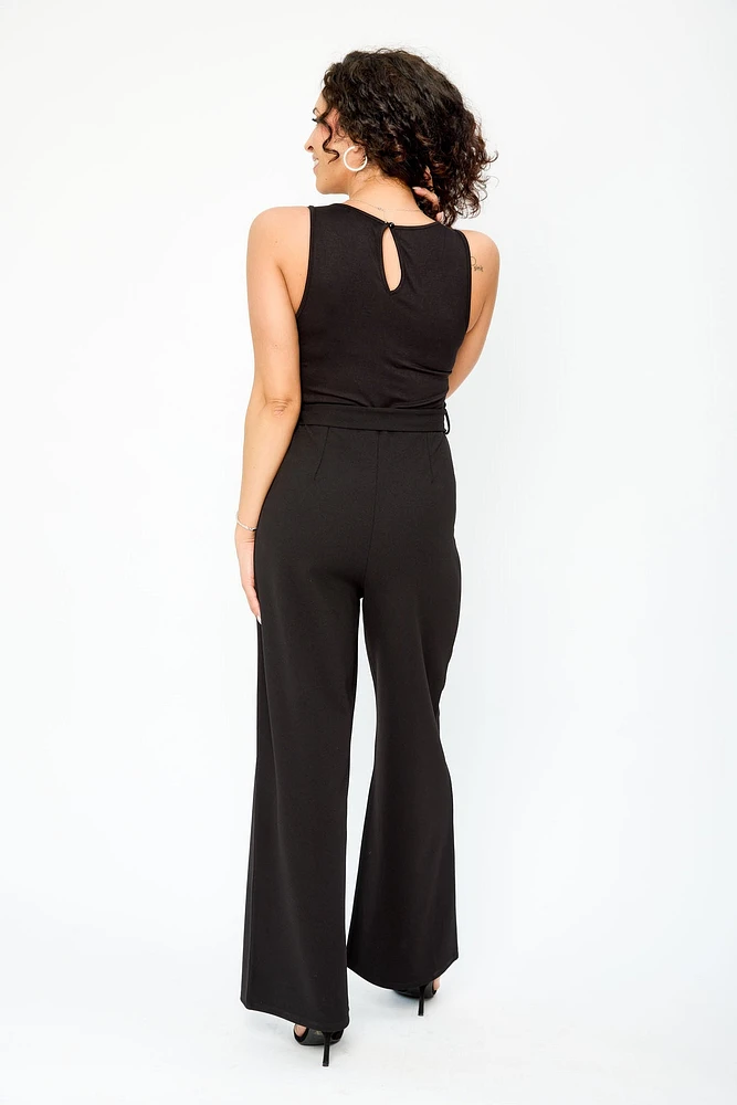 Lace Scalloped V-Neck Sleeveless Jumpsuit with Tie-Belt