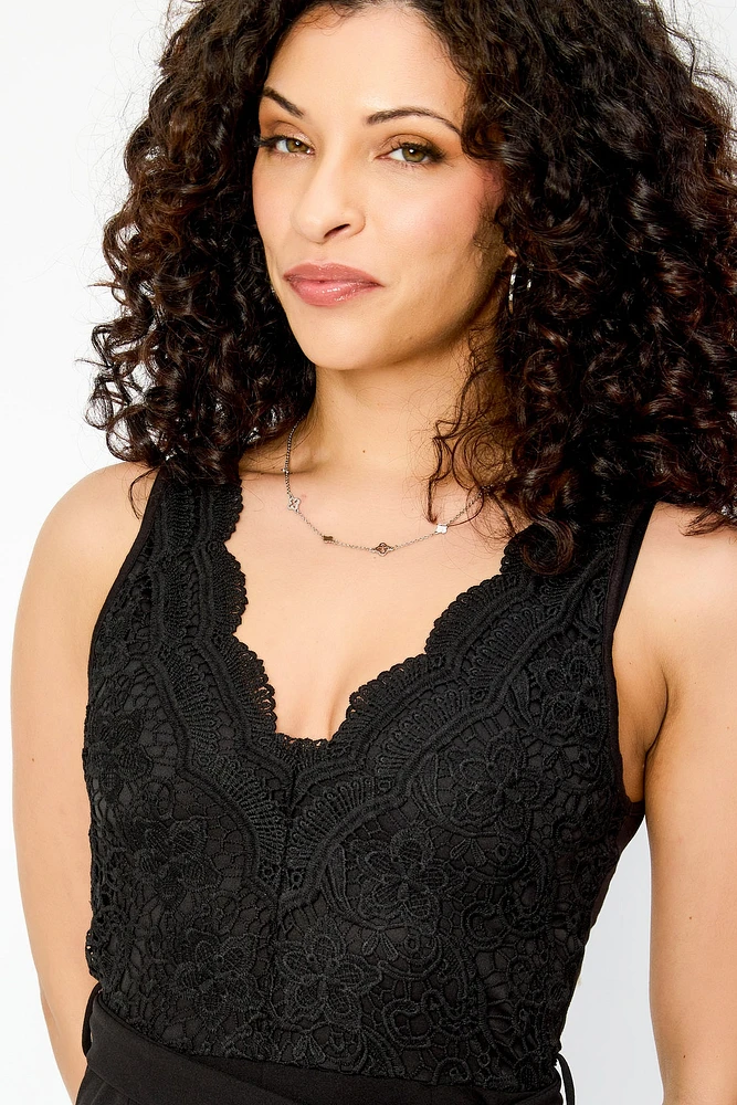 Lace Scalloped V-Neck Sleeveless Jumpsuit with Tie-Belt