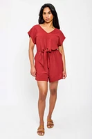 Dolman-Sleeve V-Neck Romper with Tie-Front Detail