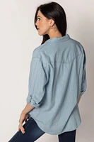 Pinstripe Denim Shirt with Roll-Up Sleeves