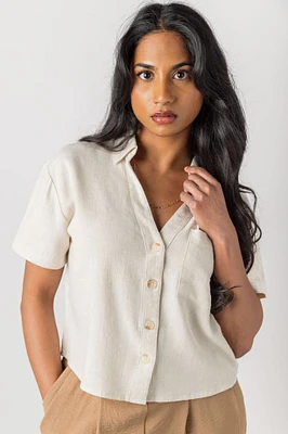 Linen Blend Short Sleeve Cropped Shirt
