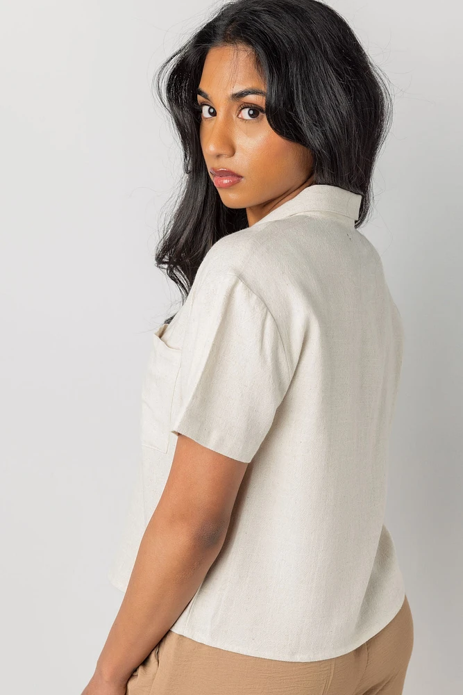 Linen Blend Short Sleeve Cropped Shirt