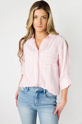 Striped Double-Cotton Tunic Length Shirt with Roll-Up Sleeves