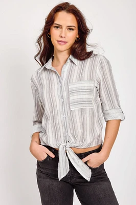 Stripe Roll-up Sleeve Shirt with Tie-Front Detail