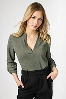 Textured V-Neck Blouse with Roll Tab sleeves