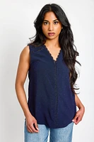 Airflow Swiss Dot Sleeveless Blouse with Lace Trim