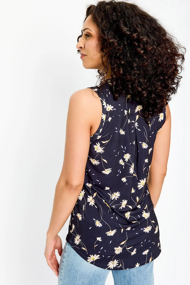 Daisy Print Sleeveless V-Neck Blouse